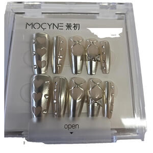 Press On Nails Mocyne Style Silver Heart Rhinestone 3D Long Coffin NEW